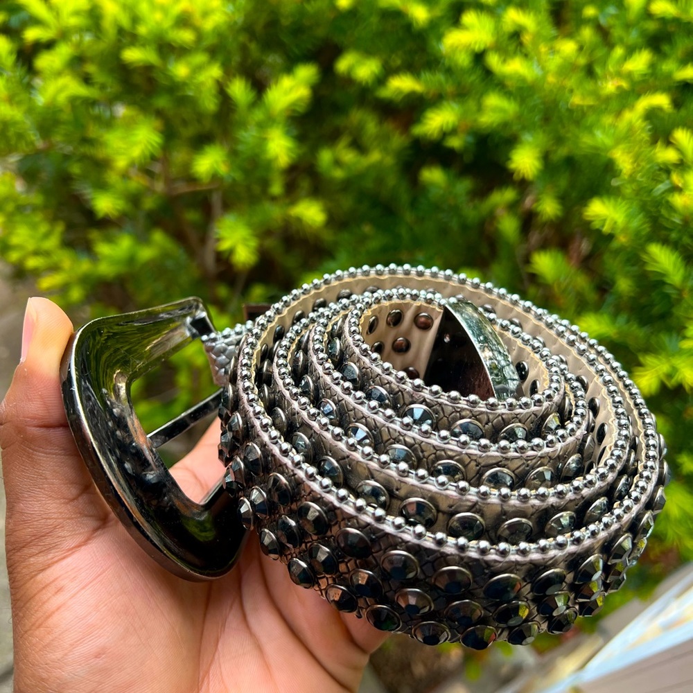 B.B Simon Metallic Silver with Black Swarovski Crystals Style Belt